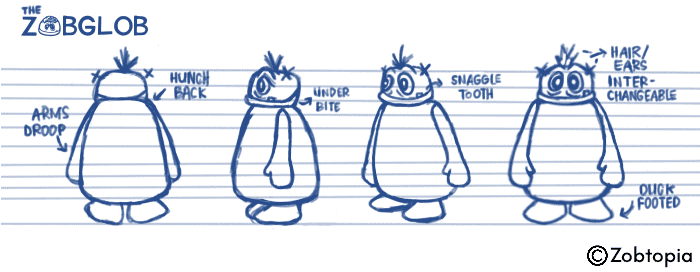 The image depicts a lineup of four cartoon character designs collectively labeled "THE ZOBGLOB" at the top. Sketched in blue pen on lined paper, giving a doodle-like quality, each character shares a similar rounded, somewhat pear-shaped body but with distinct features. From left to right: the first has spiky hair, droopy arms, and a hunched back; the second has one eye, one arm, and an underbite; the third has two eyes and a snaggle tooth; and the fourth has spiky hair or ears (labeled as "interchangeable") and duck feet. Simple annotations point out these unique characteristics for each design. The sketches have a playful, informal style, and a copyright mark for "Zobtopia" appears in the bottom right corner.