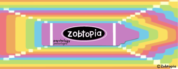 A colorful banner featuring the word "Zobtopia" in black text within a purple rectangle. Below "Zobtopia" is the word "psychology" in English and "psicología" in Spanish. The purple rectangle is surrounded by concentric, wavy bands of various bright colors including yellow, green, blue, pink, and orange, creating a vibrant, psychedelic effect. The image has a slightly pixelated or digital distortion look. At the bottom right corner is a small copyright mark for Zobtopia.