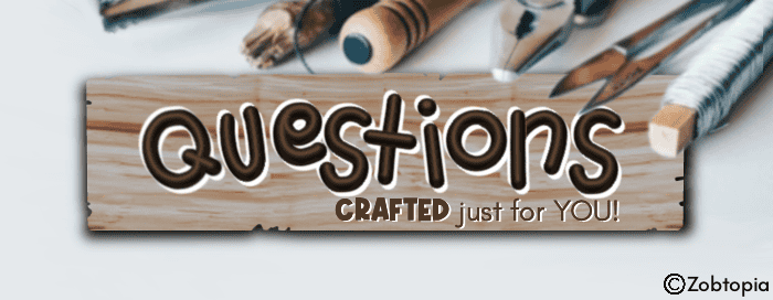 The image shows a close-up view of various craft tools and materials scattered on a light-colored surface, likely a wooden table or workbench. In the foreground, there's a wooden plank or sign with the word "Questions" prominently displayed in large, stylized brown lettering. Below this, in smaller text, it reads "CRAFTED just for YOU!" The background of the image features blurred craft supplies such as paintbrushes, a spool of thread or twine, and what appears to be other woodworking or crafting tools. The overall composition suggests a crafting or DIY theme, with the focus on personalized questions or projects.