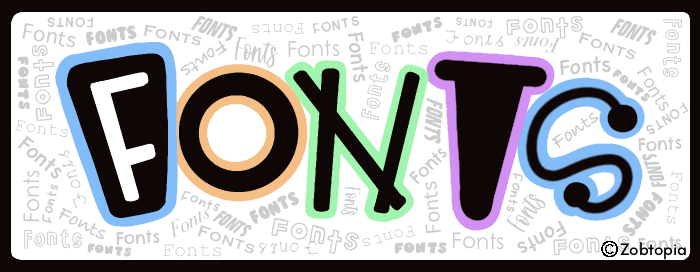 A stylized text displaying the word "FONTS" in colorful, varied typography. Each letter has a unique design: the F is angular and black, the O is rounded with an orange outline, the N is green with sharp edges, the T is blocky and purple, and the S is curvy and light blue. The background is filled with repeated instances of the word "Fonts" in gray text, creating a textured pattern behind the main colorful letters.