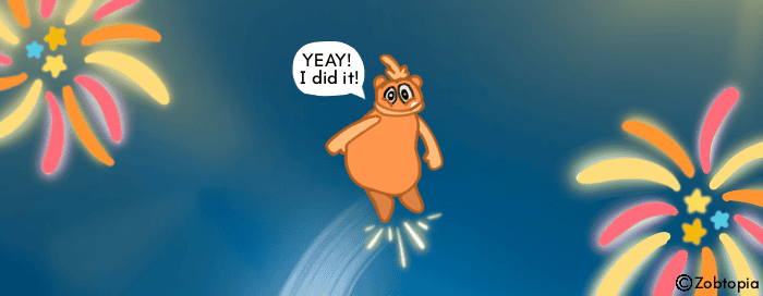 The image shows a cartoon scene with a celebratory atmosphere. In the center, an anthropomorphic orange character with a round body, small arms, and large eyes is seen jumping or floating in the air. The character has an excited expression and is saying "YEAY! I did it!" in a speech bubble. Below the character, there's a white arc suggesting motion or a jumping action. The background is a deep blue color, adorned with stylized fireworks or bursts of light in various bright colors like yellow, orange, and pink. These firework-like designs frame the edges of the image, adding to the festive mood. At the bottom right corner, there's a watermark or signature that reads "©Zobtopia", indicating the creator or source of the artwork.