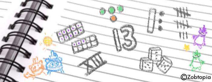 This image shows a spiral-bound notebook page filled with playful doodles and numbers. It features colorful stick-figure creatures, basic shapes, and numerical elements including a large "13", Roman numeral "XIII", groups of small squares, and tally marks. The sketches suggest casual doodling, possibly during a class or meeting, blending whimsical drawings with mathematical concepts. A copyright mark for "Zobtopia" indicates it's a created illustration rather than spontaneous doodles.