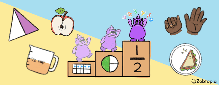 A colorful illustration with various mathematical and educational elements on a split blue and yellow background. From left to right: a purple triangle, a half-cut red apple, three cartoon purple monsters on podium-like blocks labeled with fractions (1/2 on top, then a circle graph, and a ten-frame at the bottom), two brown hand gestures (possibly for counting), a beige mug with measurement markings, and a plate with a sandwich cut into a triangle shape. The image has a playful, educational feel, combining math concepts with everyday objects. A Zobtopia copyright mark is visible in the bottom right corner.