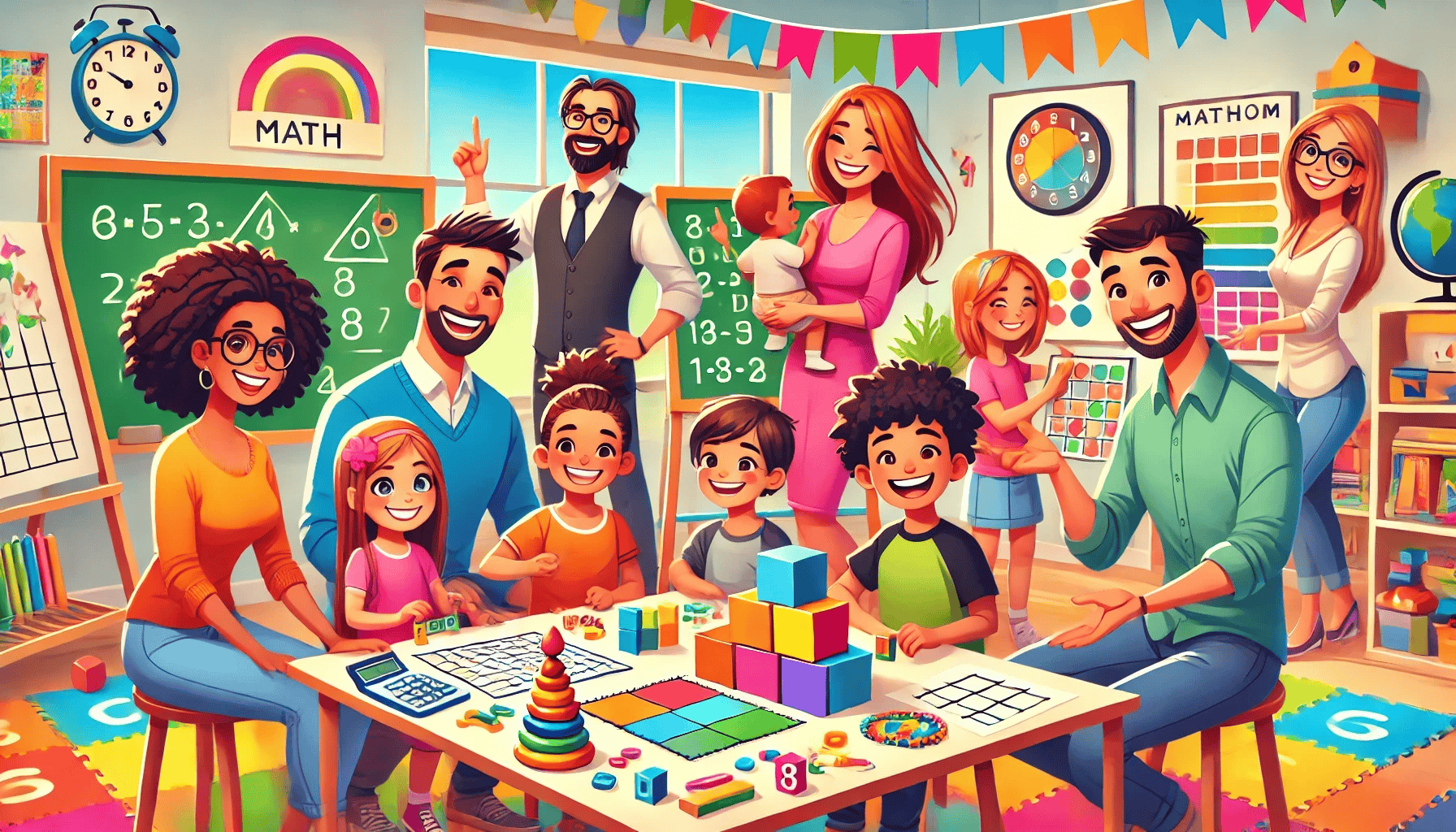 This colorful illustration depicts a lively elementary school classroom focused on math. The room is decorated with educational posters, a chalkboard with equations, and festive banners. Adults, likely teachers and parents, are shown interacting with a diverse group of smiling children. The students are engaged in various math activities using manipulatives like blocks, shapes, and a calculator on a table. The scene conveys a warm, inclusive, and stimulating learning environment.