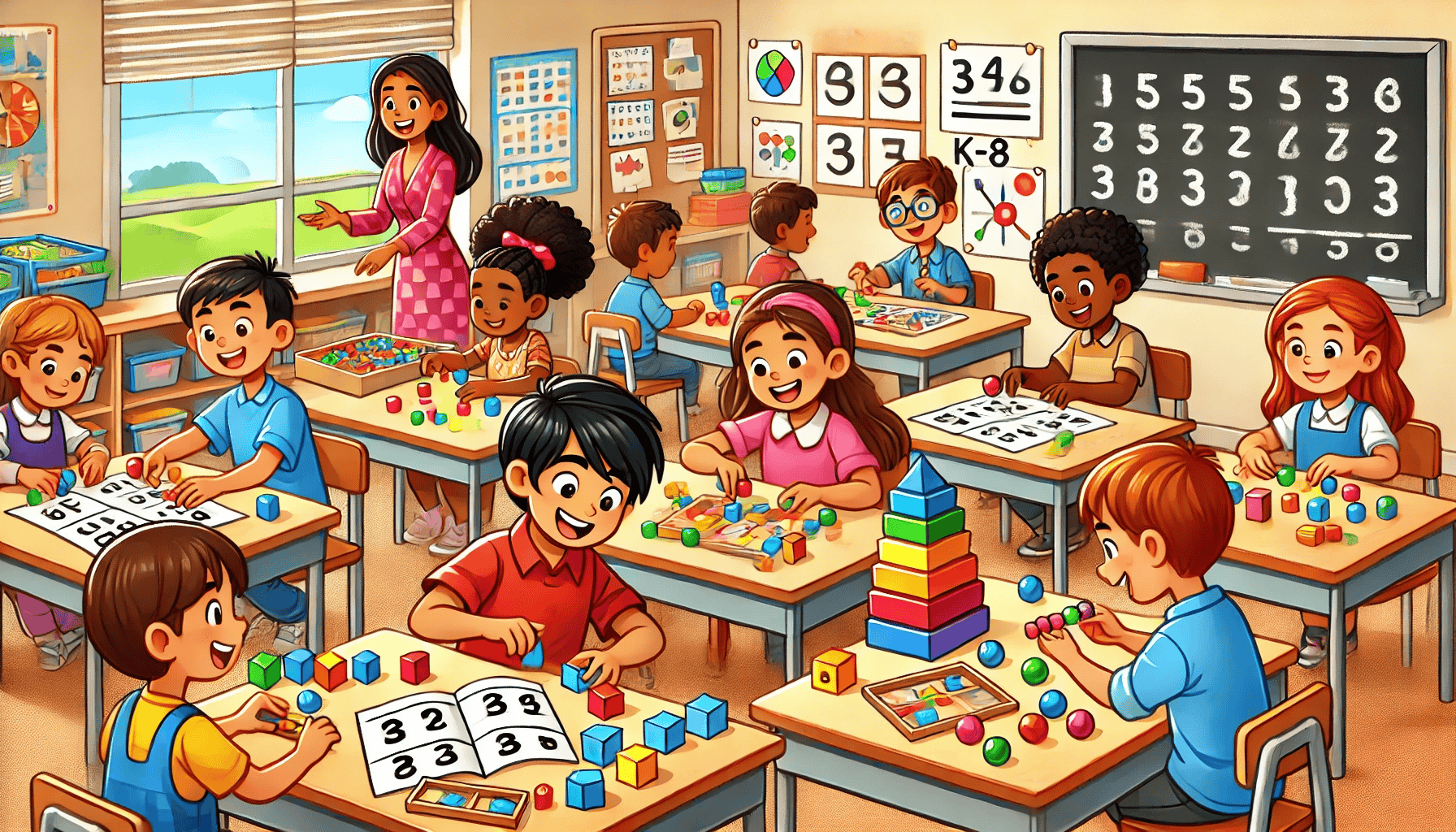 This image depicts a vibrant elementary school classroom filled with diverse students engaged in various learning activities. The room is colorfully decorated with educational posters and a blackboard displaying numbers. Children sit at desks working with colorful blocks, number books, and other manipulatives. A female teacher in a pink dress stands near the window, overseeing the class. The scene conveys a lively, inclusive learning environment with students of different ethnicities happily participating in hands-on educational tasks.