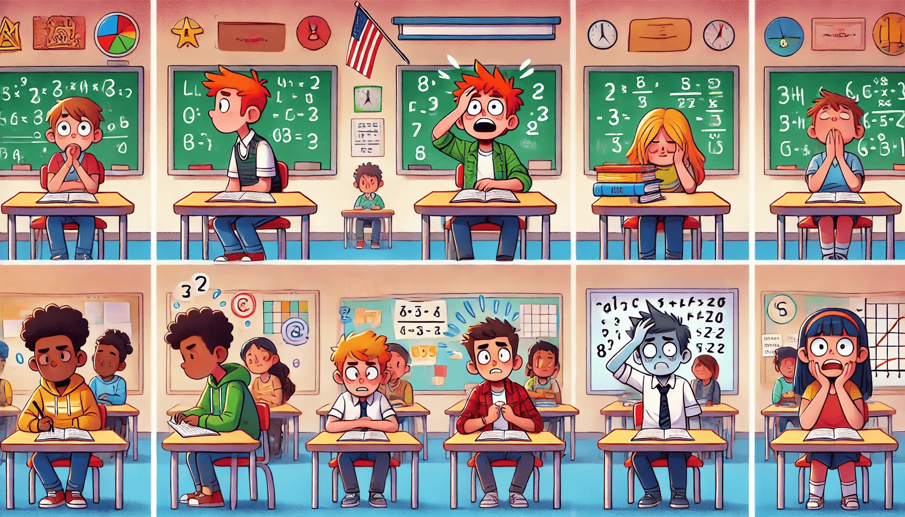 This illustration depicts a diverse classroom of students struggling with various math problems. The image is divided into two rows, showing multiple students at individual desks with chalkboards behind them. Each student exhibits a different emotional reaction to their work, ranging from confusion and frustration to shock and concentration. The classroom is colorfully decorated with educational posters, an American flag, and clocks. The math equations on the chalkboards appear increasingly complex, reflecting the challenging nature of the subject matter for the students. Co