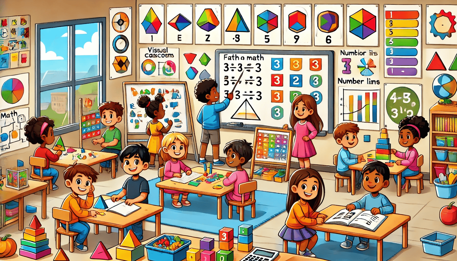 This image depicts a vibrant and busy elementary school classroom filled with diverse children engaged in various learning activities. The room is colorfully decorated with educational posters, geometric shapes, and math concepts covering the walls. Students are seen working at desks, playing with blocks, solving math problems on a whiteboard, and using educational toys. The classroom has a warm, inviting atmosphere with natural light coming through a large window, showcasing a comprehensive and interactive learning environment for young children.