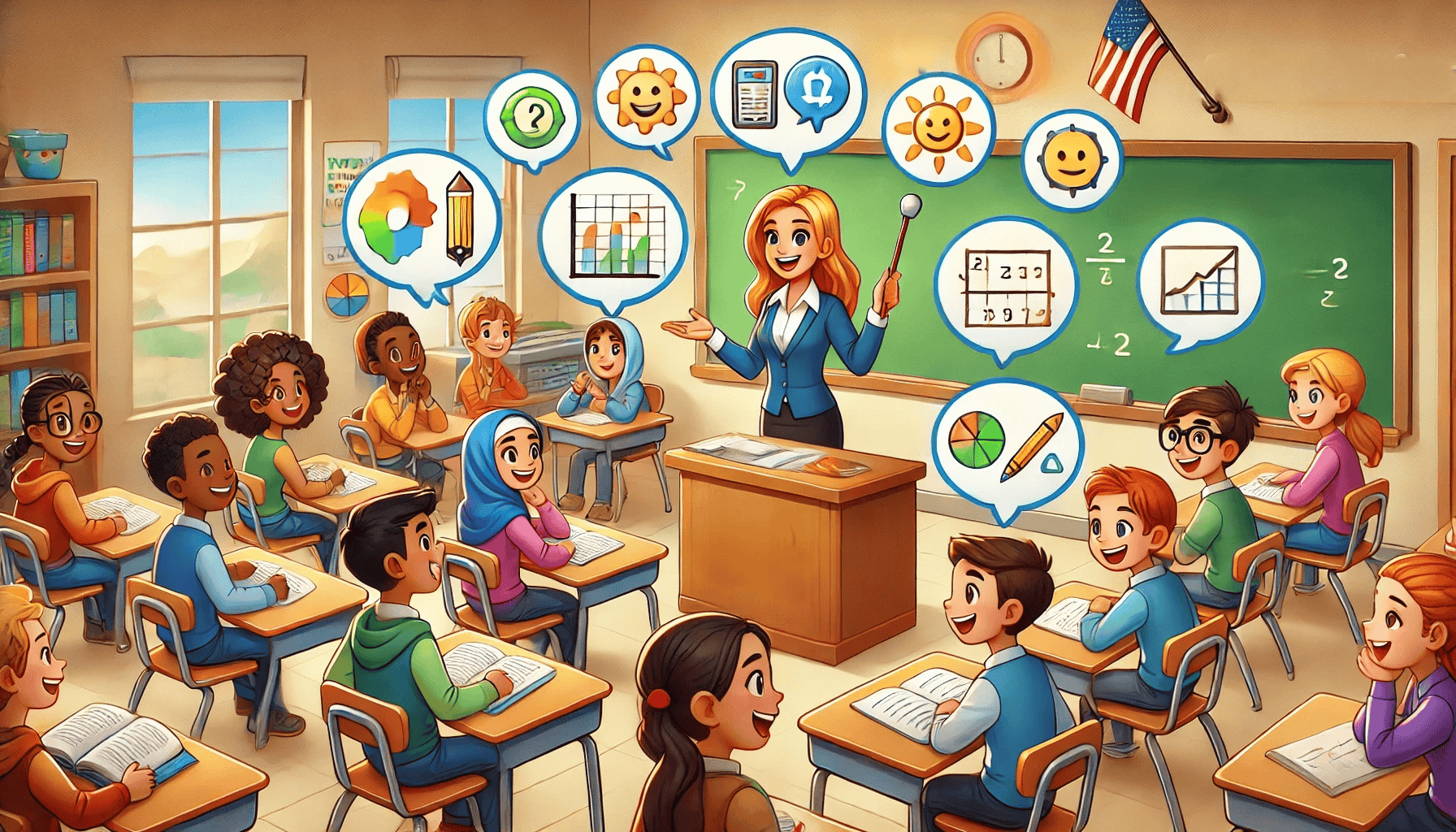 This image depicts a vibrant elementary school classroom scene. A diverse group of students sits attentively at desks while a blonde female teacher stands at the front, gesturing with a pointer. The room is filled with educational elements, including a chalkboard, bookshelves, and an American flag. Floating speech bubbles around the teacher contain various icons representing different subjects like math, art, and science. The overall atmosphere is cheerful and engaging, with students appearing eager to learn.