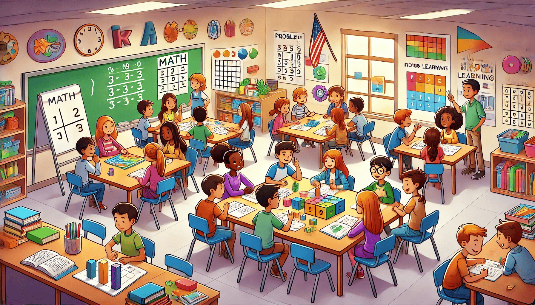 This image depicts a vibrant, busy elementary school classroom focused on math. Students of diverse backgrounds sit at tables, engaged in various learning activities. The room is colorfully decorated with educational posters, a chalkboard displaying math problems, and learning materials like books and blocks. Two teachers are present, one at the front and one assisting students. The classroom environment appears lively and interactive, promoting active learning through different methods and tools.