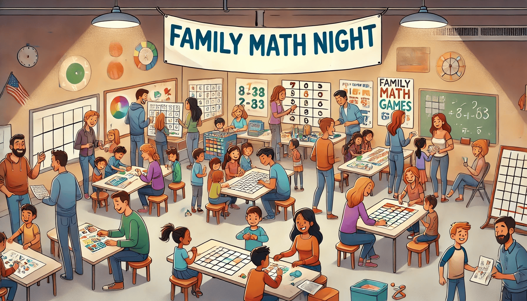 This image showcases a vibrant "Family Math Night" event in a school classroom. Families of diverse backgrounds are engaged in various math activities at different stations throughout the room. Adults and children work together on puzzles, games, and problems using tools like abacuses, whiteboards, and worksheets. The room is decorated with math-themed posters, charts, and a prominent banner. The scene conveys a warm, inclusive atmosphere where math is presented as a fun, engaging family activity, emphasizing community involvement in education.